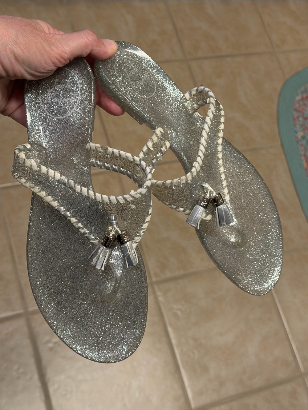 Jack Rogers Silver Glitter Braided Tassel Thong Sandals